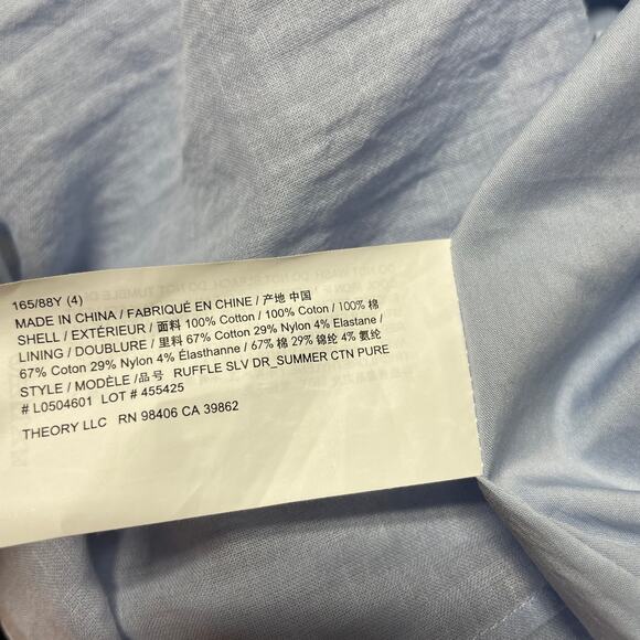 Theory NWT Ruffle Sleeve Dress in Organic Cotton Size 4 Baby Blue Midi V-Neck - Picture 8 of 12